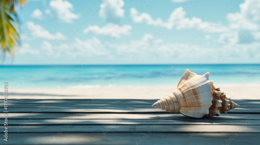 Obraz premium A large seashell rests on a wooden deck under warm sunlight. In the background, the azure ocean stretches out beneath a bright sky filled with puffy clouds, creating a serene coastal atmosphere