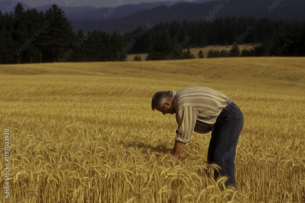 Farmer Inspecting Wheat Crops in Golden Field Farmer Inspecting Wheat Crops in Golden Field
