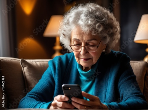 Wallpaper Mural Senior woman engages with smartphone at home in cozy evening atmosphere, showcasing connection and technology use Torontodigital.ca