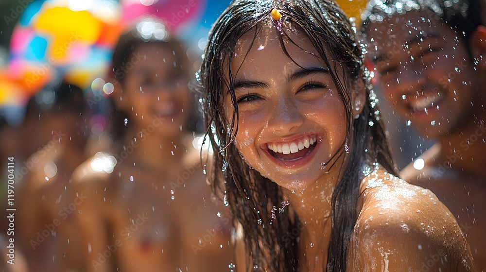 Obraz premium A group of people laughing as they splash water on each other during Songkran in a vibrant setting