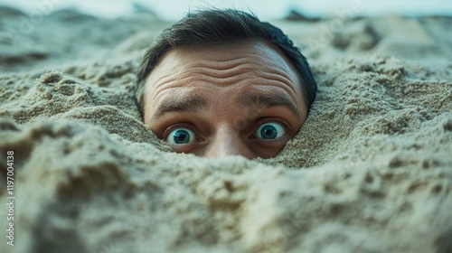 A man is partially buried in sand on a beach, with only his head visible. His wide blue eyes and surprised expression add humor to the moment. It is a sunny day at the seaside