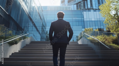 A business professional dressed in a suit walks up outdoor stairs leading to contemporary office buildings, surrounded by greenery and illuminated by bright sunlight