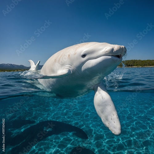 A Beluga whale frolicking under a clear, azure sky. photo