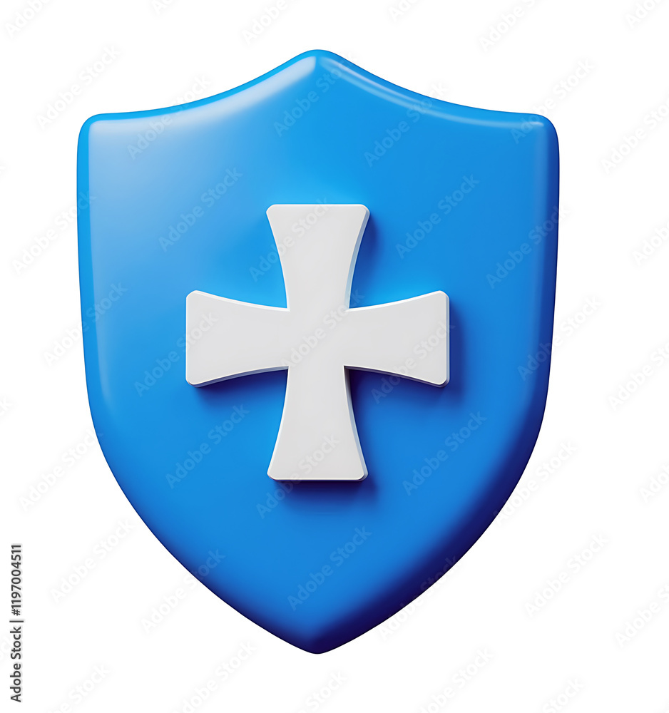 Fototapeta premium Blue Shield Icon 3D Render White Cross Symbol Protection Security Safety Healthcare Medical App Design Digital Graphic Element Modern Minimalist Interface User Experience Clean Design Abstract 