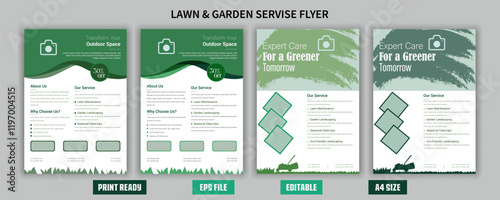 Flyer design template for lawn care and gardening services. Design of a poster leaflet promoting gardening and tree services. Template for lawnmower flyers. Lawn and gardening service flyer design tem