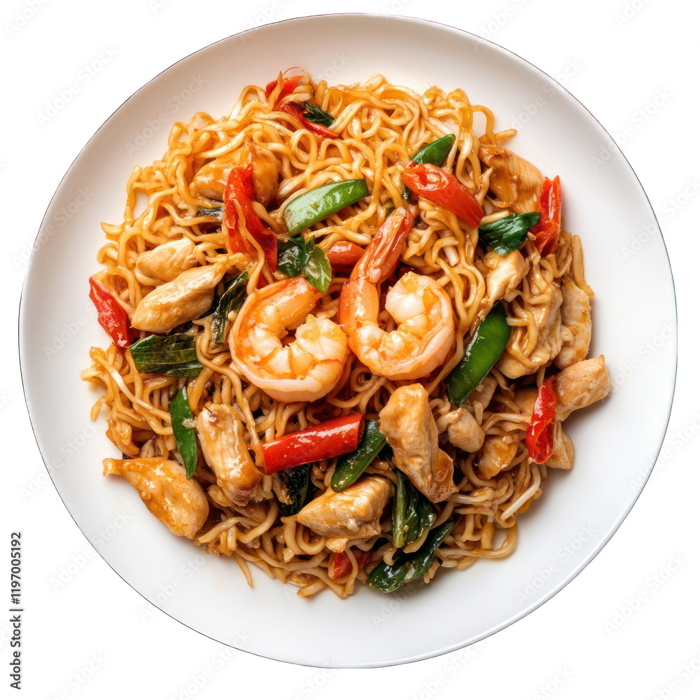 Wok noodles with chicken, shrimp and vegetables on white plate isolated on transparent background Wok noodles with chicken, shrimp and vegetables on white plate isolated on transparent background