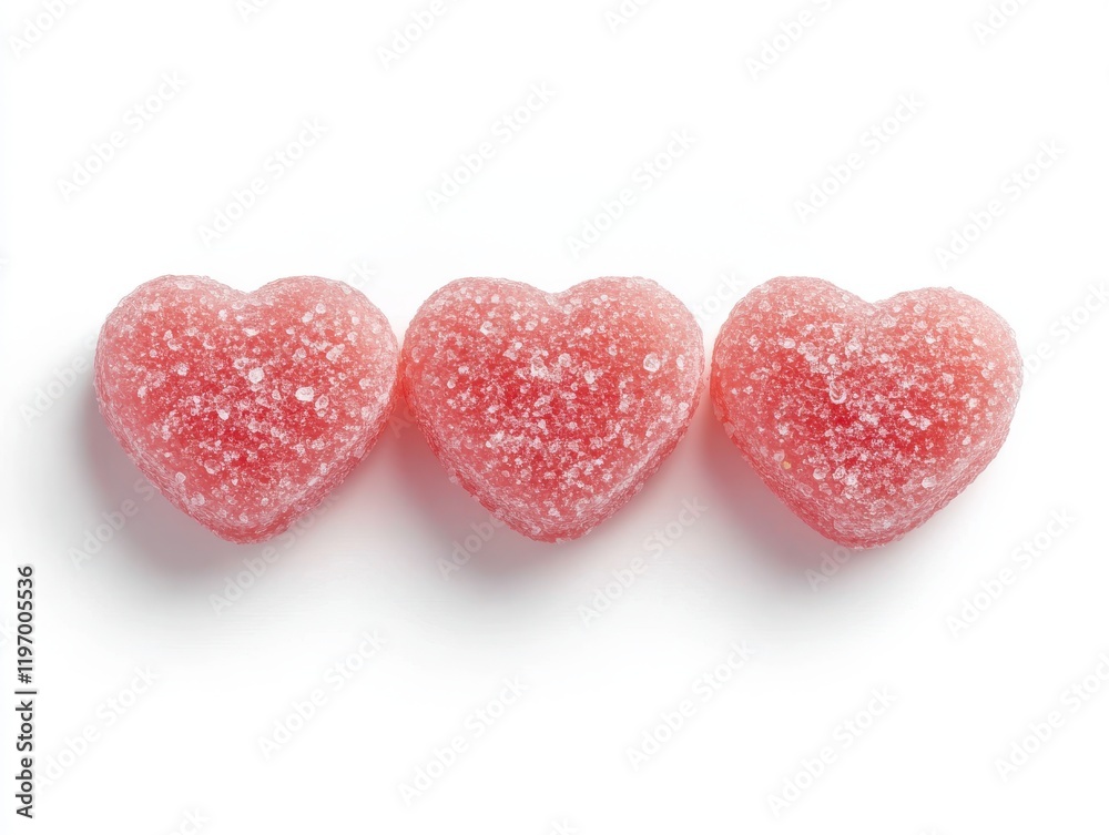 Obraz premium Three Colorful Heart-Shaped Gummies on a Clean Background Perfect for Valentine's Day or Romantic Celebrations and Delicious Treats for Sweet Lovers