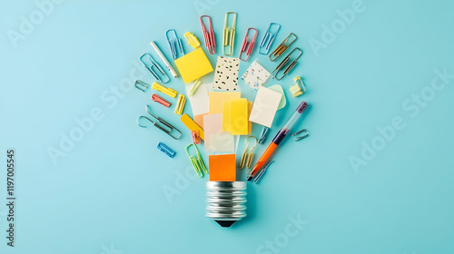 A flat lay of stationery items including binder clips, pens and sticky notes creatively arranged in the shape of a light bulb photo