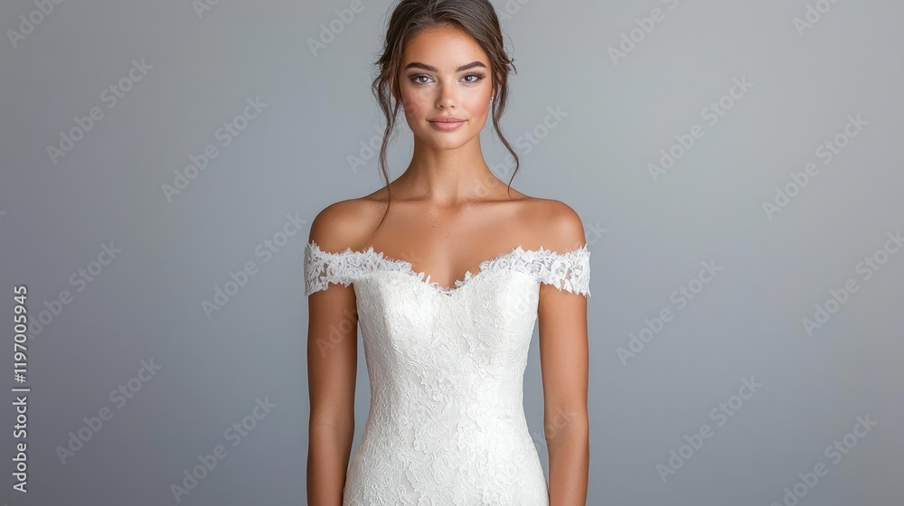 Bride posing in elegant off-shoulder lace wedding dress, studio shot, grey background, bridal fashion Bride posing in elegant off-shoulder lace wedding dress, studio shot, grey background, bridal fashion