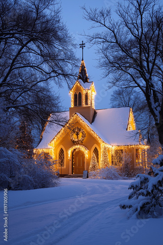 Idyllische winterliche Kirche mit festlicher Beleuchtung und verschneitem Baum

