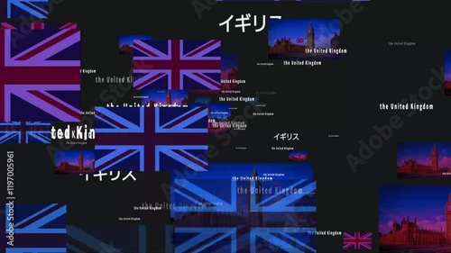 イギリス国旗(ユニオンジャック)とビックベンのパーティクルアニメーション。イギリスの象徴とラウンドマークUK