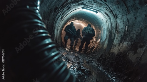 Soldiers in Dark Tunnel, Muddy Ground, Military Operation