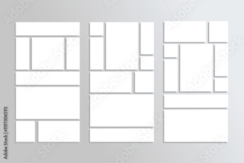 Mood board collage grid collection. Photo album template set. Mosaic pictures frame. Retro gallery banner. Moodboard layout. Portfolio images isolated on gray background. Vector illustration