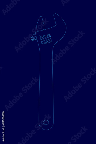 Blue wrench is shown in a blue image. The wrench is the main focus of the image, and it is a tool used for tightening or loosening bolts and nuts. The image has a minimalist