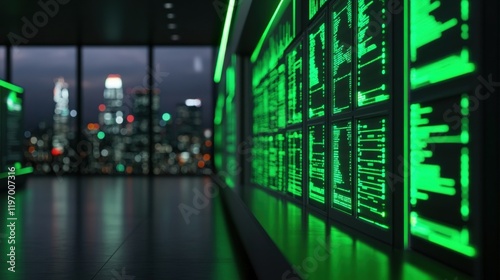 Wallpaper Mural Futuristic Data Center Interior with Neon Green Displays Against Urban Night Cityscape Background Torontodigital.ca