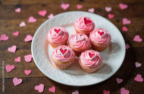 On a wooden table there is a white plate with five cupcakes decorated with pink cream and hearts made of icing