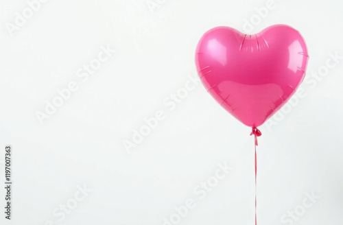 Pink heart shaped balloon on white background with space for text