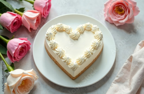 On the table there is a white plate with a heart-shaped cake on it, decorated with white cream, and roses lying around it