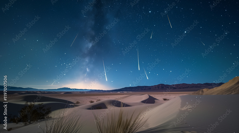 Meteors lighting up the night sky above a quiet desert, with sand dunes softly glowing under their light. Meteors lighting up the night sky above a quiet desert, with sand dunes softly glowing under their light.