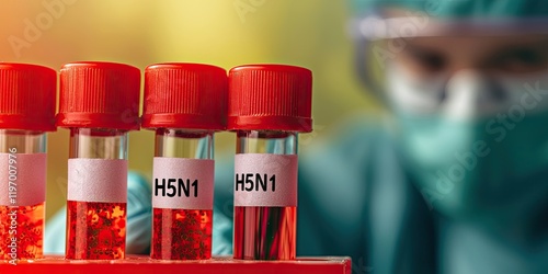 Avian Flu monitoring concept. A laboratory scene featuring test tubes labeled H5N1, indicating research on avian influenza, with a masked scientist in the background.