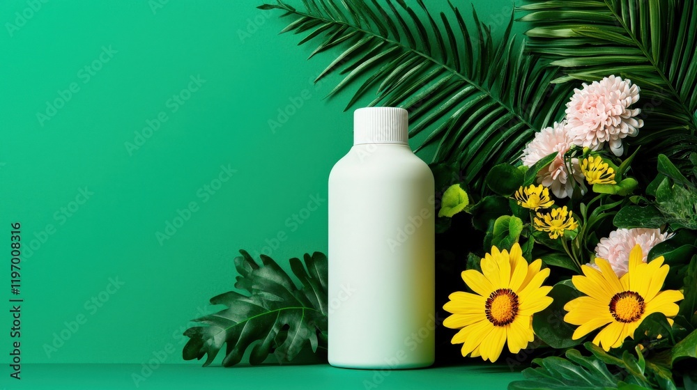 Clean and Fresh Bottle Surrounded by Green Leaves and Colorful Flowers Against a Vibrant Background Clean and Fresh Bottle Surrounded by Green Leaves and Colorful Flowers Against a Vibrant Background
