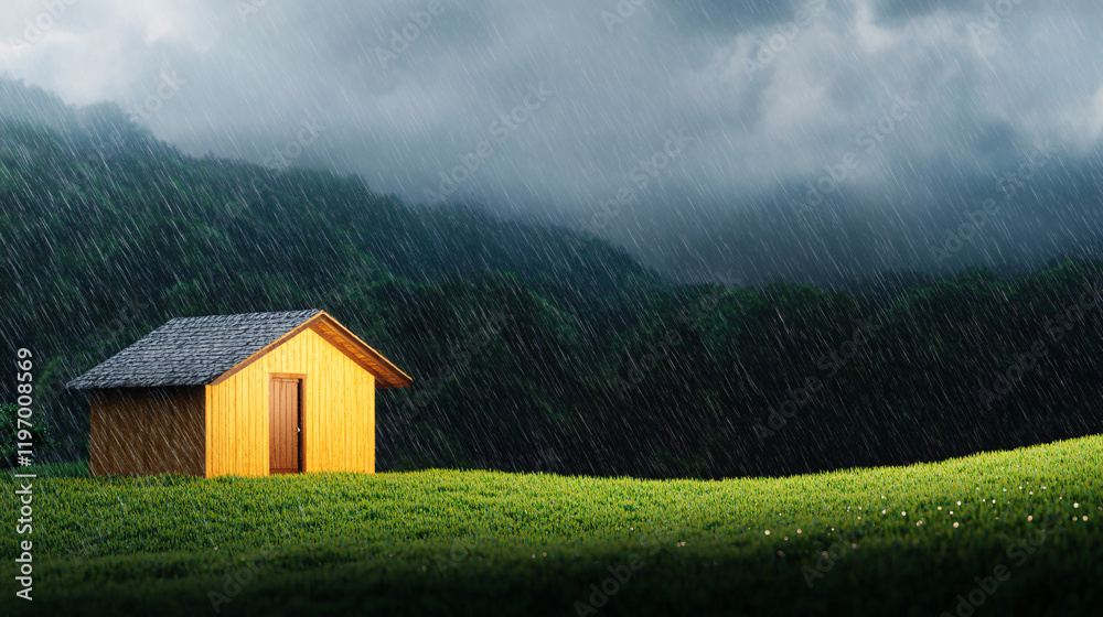 Obraz premium tranquil mountain cabin stands alone in lush green field, surrounded by raindrops and dark storm clouds. serene atmosphere evokes sense of peace and solitude