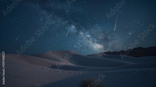 Meteors lighting up the night sky above a quiet desert, with sand dunes softly glowing under their light. photo