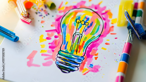 A vibrant design of a light bulb created with colorful stationery items like paperclips and markers on a bright surface