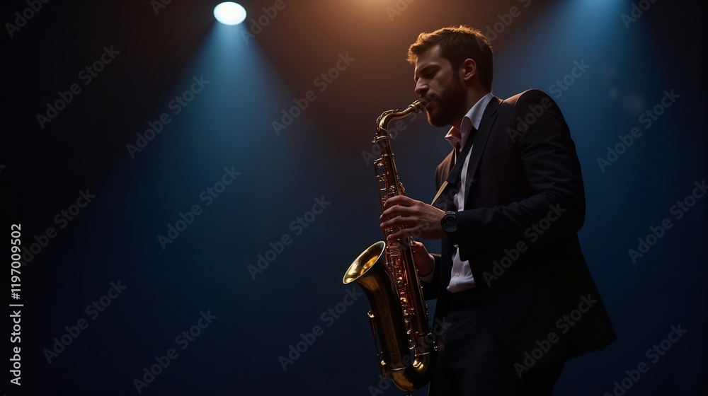 Naklejka premium Musician plays saxophone on stage during a jazz performance with dramatic lighting and focus