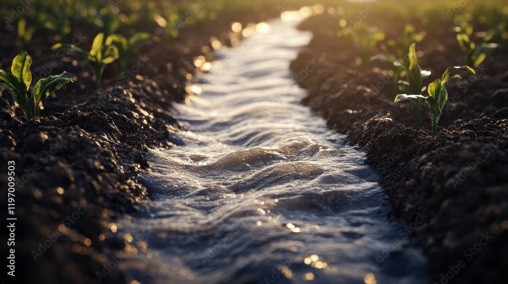 Obraz premium Fresh Water Flowing Through Green Crop Fields at Sunrise