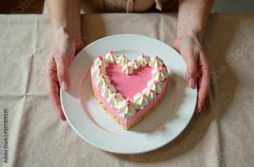 Close up of female hands holding white plate with heart shaped cake decorated with pink and white cream