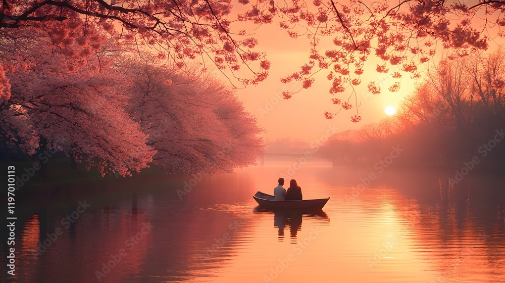 A couple taking a romantic boat ride under cherry blossom trees lining a tranquil river A couple taking a romantic boat ride under cherry blossom trees lining a tranquil river