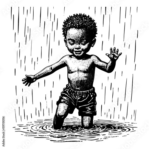 kid playing in the rain illustrated in vintage engraving line art style on a white background, clip art