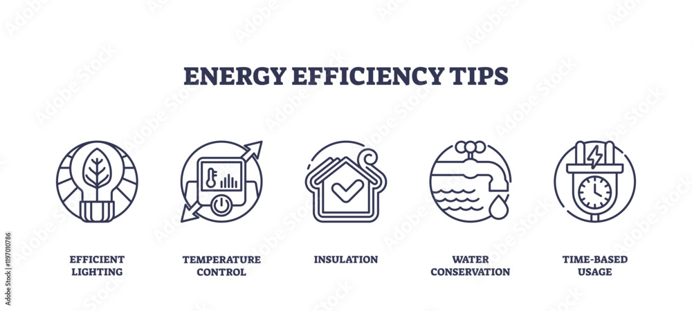 Fototapeta premium Energy efficiency tips include lighting, temperature control, and insulation, transparent background. Outline icons set.