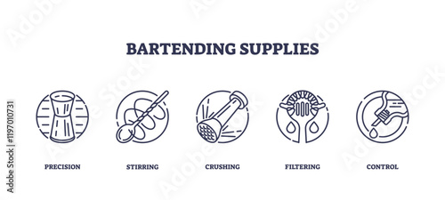 Bartending supplies icons depict tools like jigger, muddler, and strainer for precision and control, transparent background. Outline icons set.