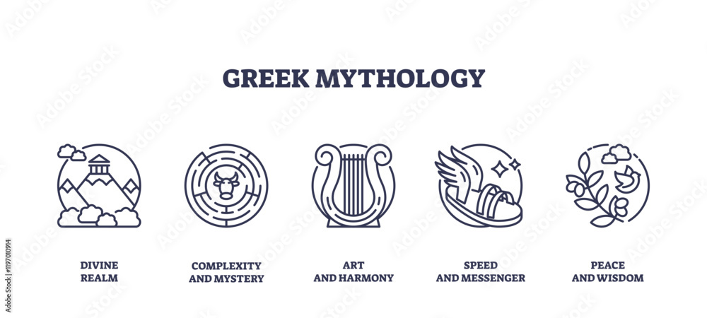 Greek mythology icons depict divine realm, labyrinth, and lyre, transparent background. Outline icons set. Greek mythology icons depict divine realm, labyrinth, and lyre, transparent background. Outline icons set.