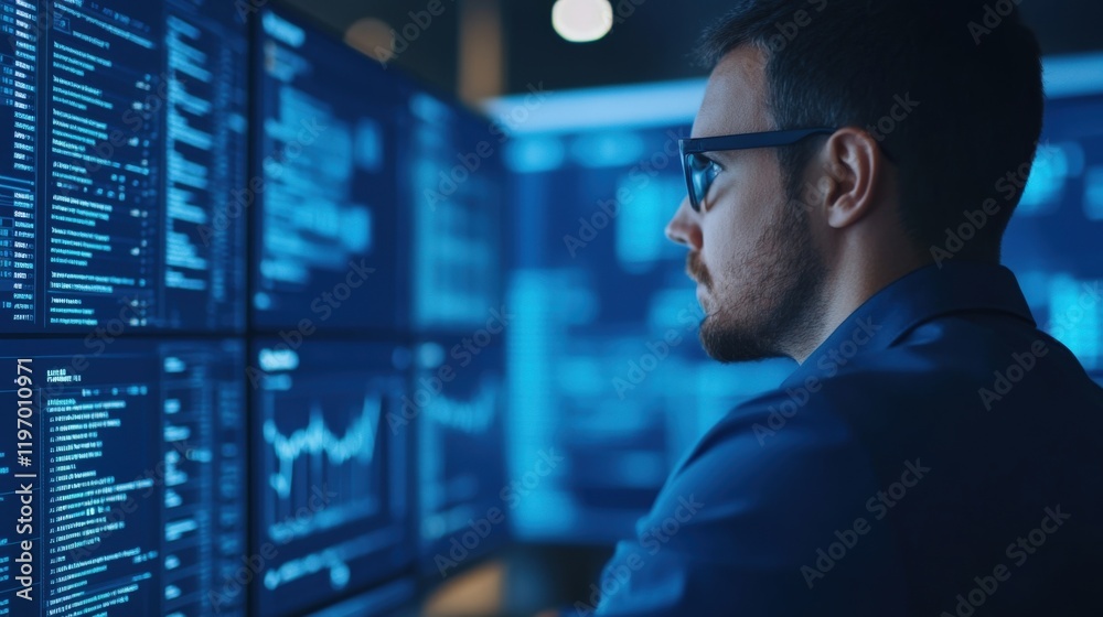 Professional in Glasses Analyzing Data on Multiple Computer Screens in a Modern Office Environment Professional in Glasses Analyzing Data on Multiple Computer Screens in a Modern Office Environment