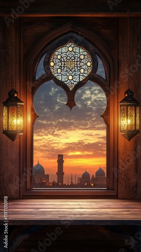 Majestic Sunset Through an Ornate Window with Mosque for Ramadan Kareem Islamic Holy Month Celebrate. photo