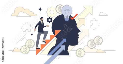 Skill training focuses on growth with a person climbing stairs, a head silhouette, and arrows, transparent background.