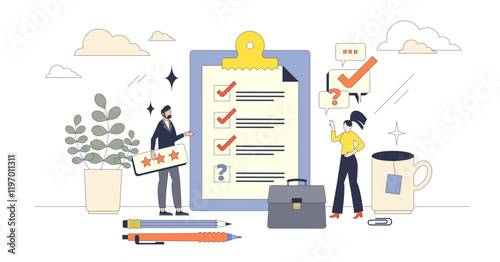 Survey concept shows checklist, clipboard, and question mark, emphasizing feedback and inquiry, transparent background.