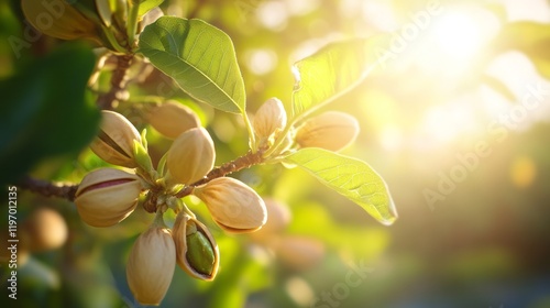 Sunlight filters through the leaves, highlighting the developing pistachio nuts on the branches. This healthy pistachio tree thrives in a warm climate during the growing season