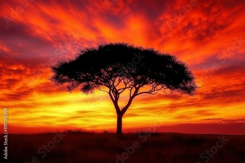 Solitary Tree Silhouetted Against a Dramatic Sunset Sky with Vibrant Hues of Orange, Red, and Purple Over a Serene Landscape Environment