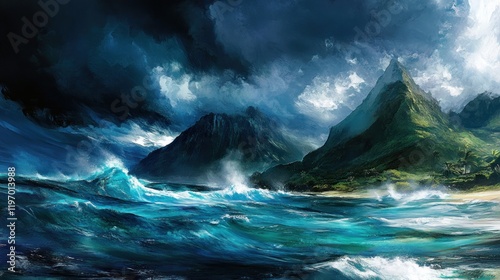 Stormy tropical island landscape with dramatic waves. photo