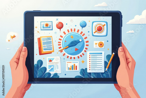  Illustrated tablet with graphic design in a creative style, representing digital art.