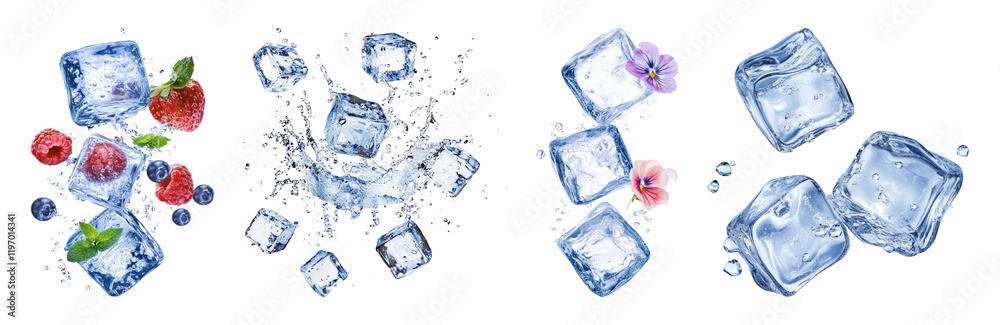 Obraz premium PNG Refreshing ice cubes with flowers set, isolated on transparent background