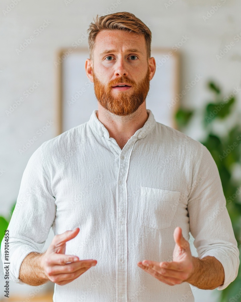 Man with Red Beard Wearing White Shirt Engaging in Conversation in Bright Indoor Environment Man with Red Beard Wearing White Shirt Engaging in Conversation in Bright Indoor Environment