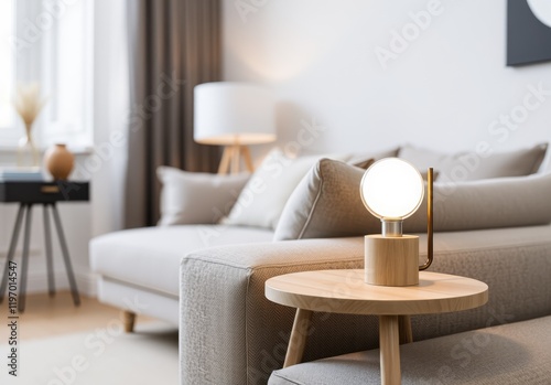 Close up of lamp on side table near sofa. Scandinavian home interior design of modern living room 