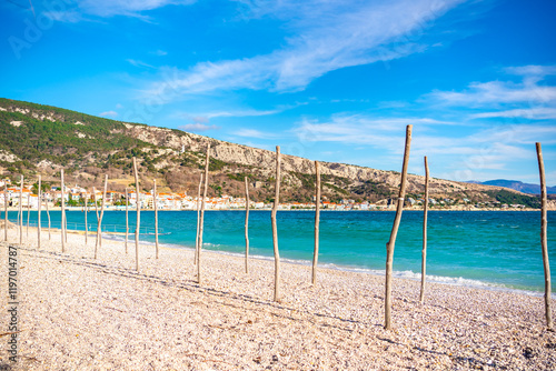 Beach in Baska, island Krk, Croatia. Beautiful Adriatic coastline 