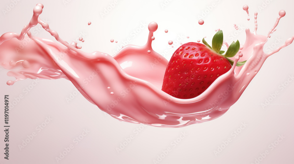 Close-up of a fresh strawberry immersed in a vibrant pink milk splash against a white background Close-up of a fresh strawberry immersed in a vibrant pink milk splash against a white background
