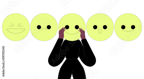 Woman holding sign of emotion expressing various emotions. Flat vector illustration isolated on white background.